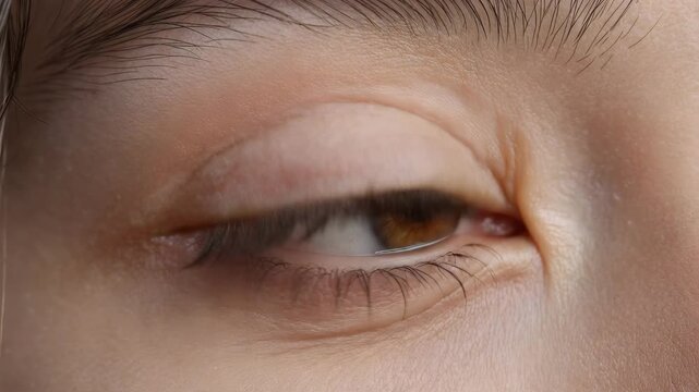 女性が黒目がちな虹彩を接写で見せ、朝の窓光を瞳に映す