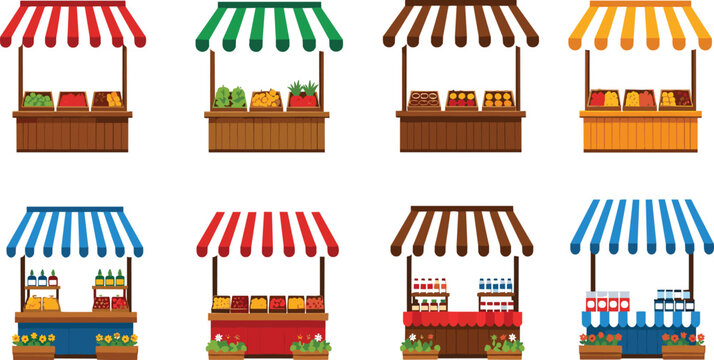 Collection of Colorful Market Stall Vector Icons Featuring Food Kiosks with Striped Awnings Fresh Produce Fruits and Grocery Products for Commercial Retail Design