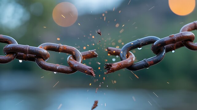close-up of broken rusty chain on blurred background