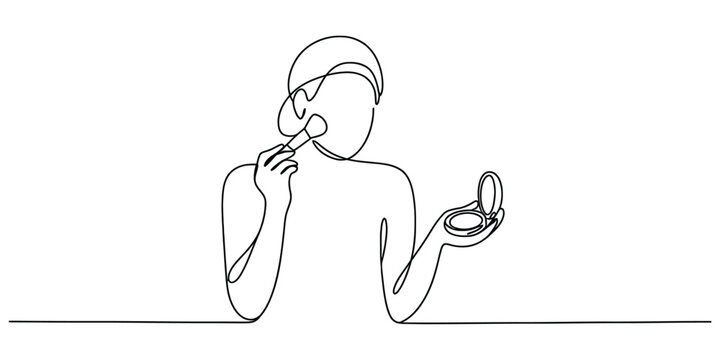 Continuous line drawing of a young woman applying makeup with a brush and holding a compact