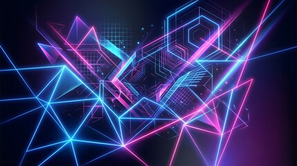Naklejka premium Dark modern neon glow geometric background with vibrant pink and blue laser lines.
