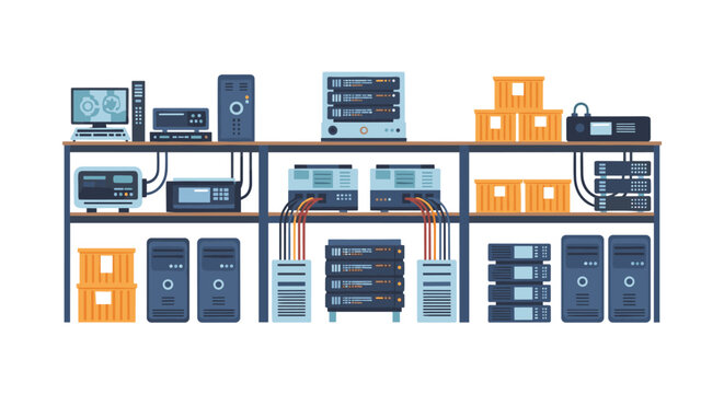 Detailed data center or server room interior illustration featuring racks of computers, servers, and professional network equipment.