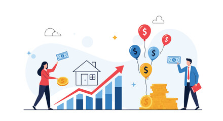 Naklejka premium Financial experts celebrate real estate investment growth with rising bar charts and house symbols for property wealth.