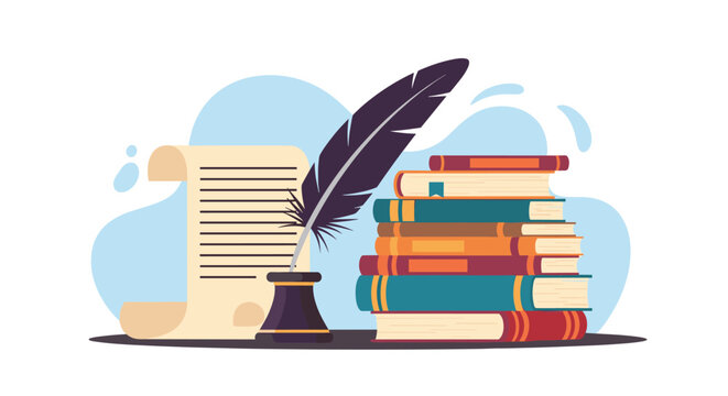 Traditional writing tools including a quill pen in an inkwell sit beside a stack of old books and an open scroll.