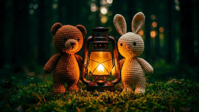 Adorable crocheted teddy bear and rabbit toy stand beside a glowing vintage oil lantern deep within a mossy dark forest setting