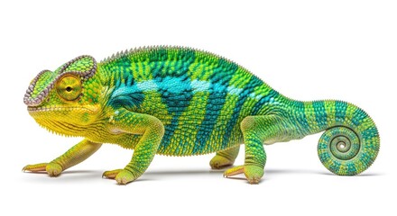 Naklejka premium A vibrant chameleon rests on a white surface. The reptile displays its remarkable color-changing skin pattern, showcasing shades of blue, green, yellow, and brown.
