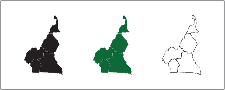 Cameroon map silhouette set with solid outline and satellite style isolated on white