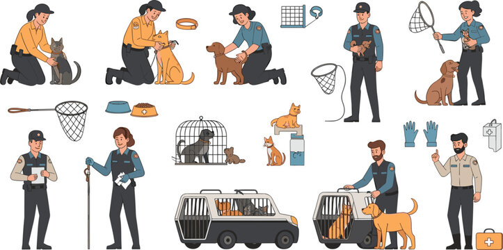 Professional Animal Control and Pet Rescue Vector Set Featuring Officers Catching Dogs Cats Using Nets Cages and Transport Vehicle for Shelter Designs
