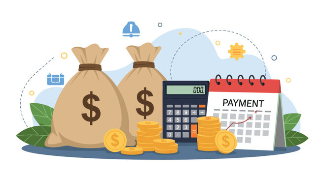 Financial management and payment planning showing money bags coins calculator and calendar with payment due date marked.