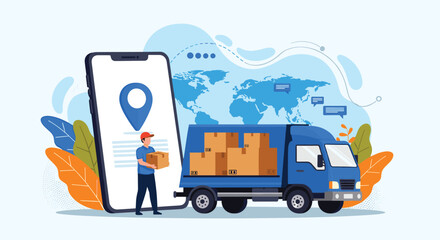 Naklejka premium Global logistics and package delivery service showing delivery truck and courier with smartphone app tracking.