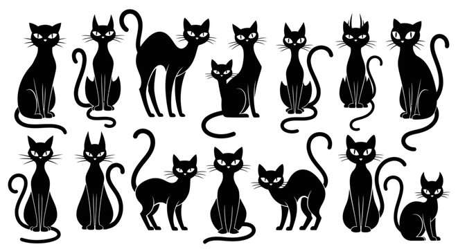 Black cats sitting and standing in various poses on white background