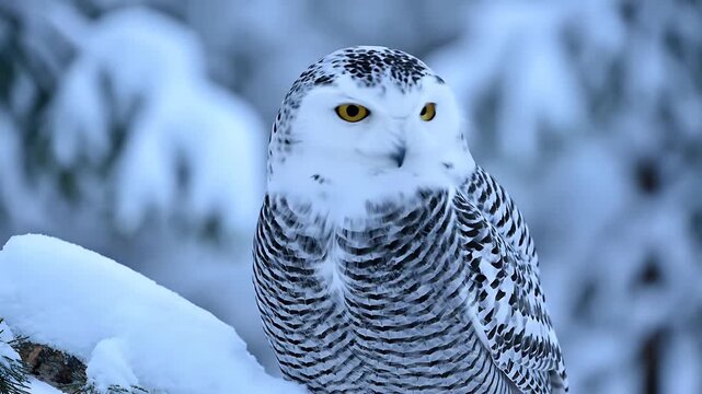 A majestic snowy owl with piercing yellow eyes perched gracefully on a snow-laden branch, showcasing its remarkable winter camouflage in a serene snowy forest