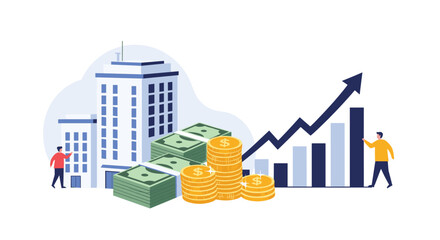 Fototapeta premium Commercial real estate investment and property development concept with office buildings, cash stacks, and financial growth graphs.