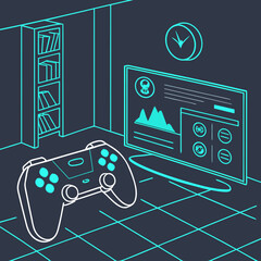 A computer monitor and a video game controller in a digital room © Shimu