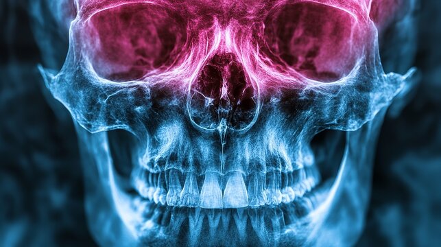 Medical illustration of a human skull showing bone structure with artistic light.