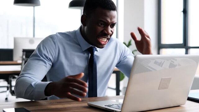 An angry businessman expresses frustration while looking at a laptop screen in a modern office environment, clenching his fists in exasperation