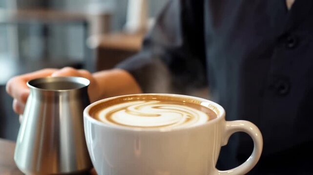 Barista pouring steamed milk into a coffee cup at a cafe