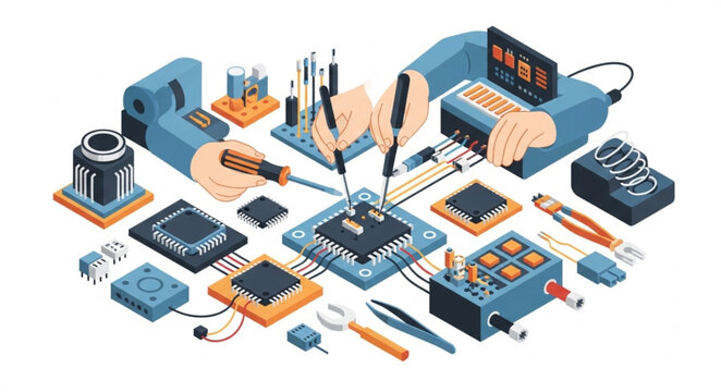 Isometric Electronic Repair Workbench with Tools and Components.