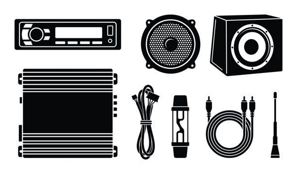 Car audio system components set including head unit speakers amplifier subwoofer and wiring accessory