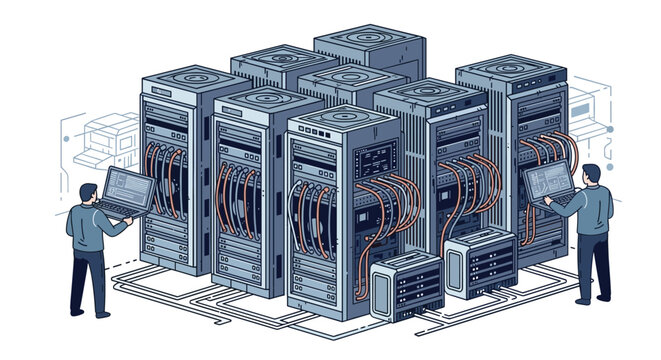 IT infrastructure maintenance and network management concept with technicians monitoring server racks and data center hardware.
