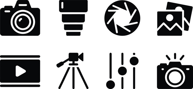 photography and video icons featuring camera lens aperture photo gallery video player tripod adjustment and flash