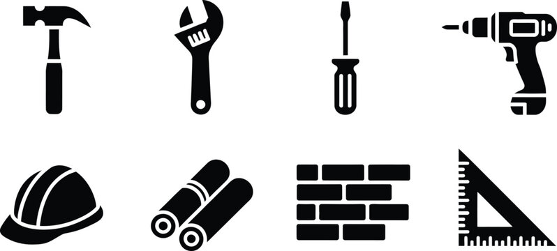 construction icons including hammer wrench screwdriver power drill hard hat blueprints brick wall and square