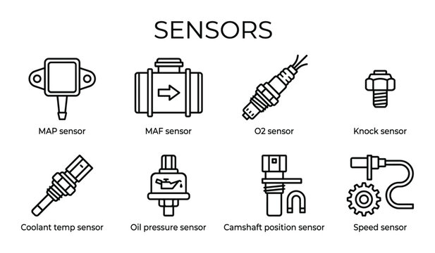 Car engine sensors line icons set automotive diagnostic symbols for vehicle maintenance and scanning