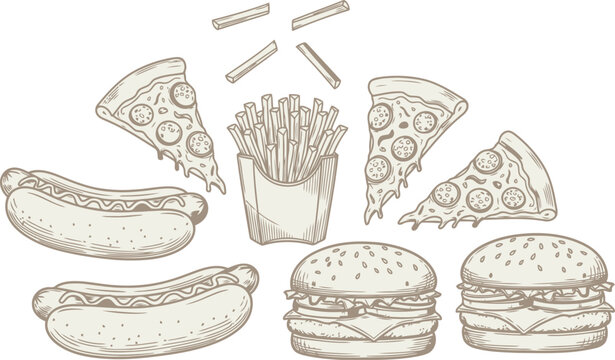 Classic Fast Food Collection Illustration with Pizza, Hamburgers, Hot Dogs and Crispy French Fries