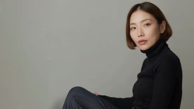女性が黒のハイネックで穏やかな視線を向け、薄い灰色の背景に座る
