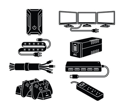Computer hardware and gaming accessories icons set pc monitors controller hub and power supply units