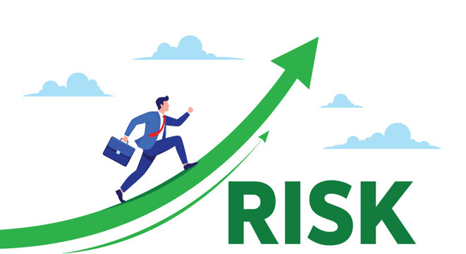 Determined businessman running up a large green growth arrow with the word risk representing high stakes business investment.