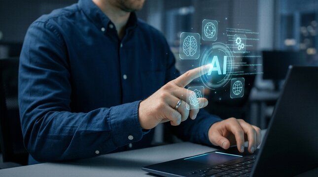 Businessman touching virtual hologram screen with AI brain icons and network data for futuristic tech