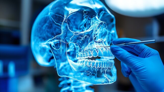 X-ray of Teeth and Skull: Detailed study highlighting dental anatomy and structures.