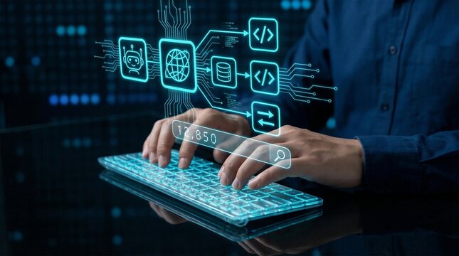 IT professional working on illuminated keyboard with holographic global network database and coding icons