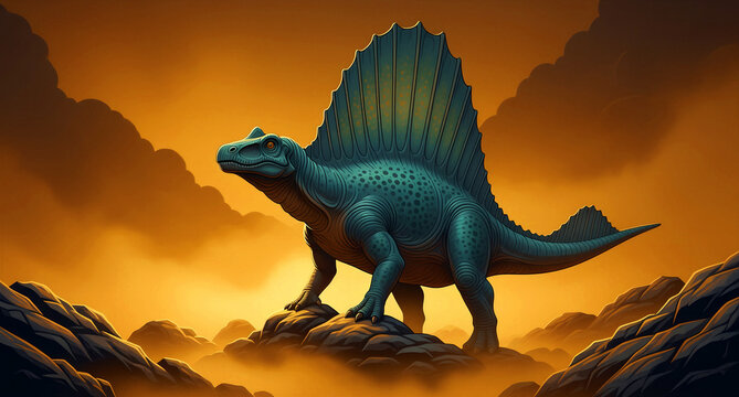 Majestic prehistoric synapsid, likely a dimetrodon, stands powerfully upon rocky terrain during a vibrant orange sunset, showcasing its large dorsal sail feature.