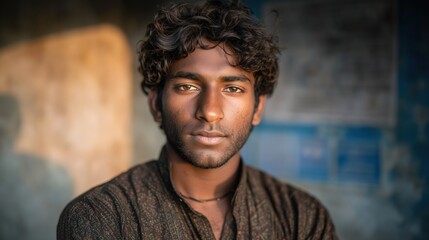 Fototapeta premium Portrait of a Hindu man against a wall, Hindu man from India, portrait of a young man. High quality