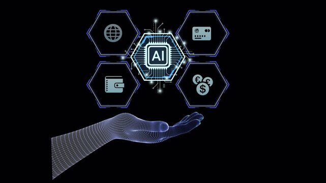 4K Transparent Banking AI Presentation. Digital Hand with Banking Agentic AI Hexagon Nodes and Finance Icons (Alpha Channel)