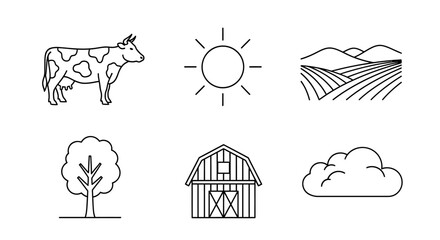 A cow stands near a barn under sunny skies with fields and a tree © Hussnain