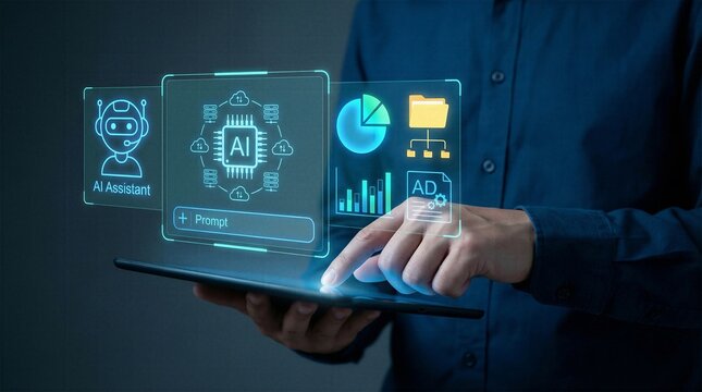 Marketer touching tablet screen to prompt AI assistant for digital advertising and data analytics strategy