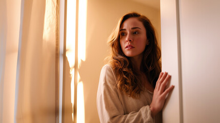 Fototapeta premium Anxious young woman with red hair leaning against doorframe, looking away with fearful worried expression. Warm golden light, hesitation, anxiety, depression, fear of unknown emotional concept.