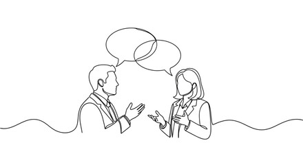 Two people talking and gesturing in a simple line drawing illustration © Hussnain