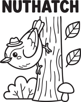 Black and white outline of a nuthatch bird wearing a hat climbing a tree Keywords: nuthatch