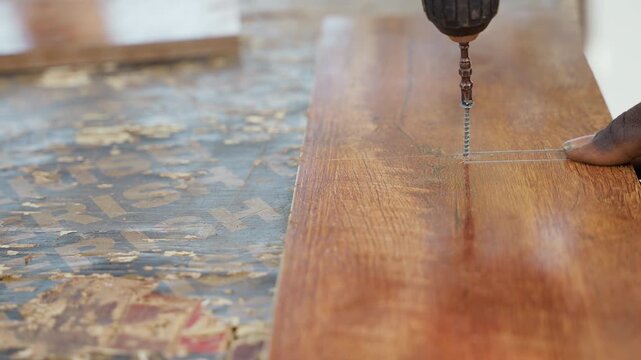 Closeup black cabinetmaker drilling hardwood plank, steady hand operating electric drill at marked cross, sharp bit cutting clean pilot hole, wood chips scattering on patterned bench, focused joinery