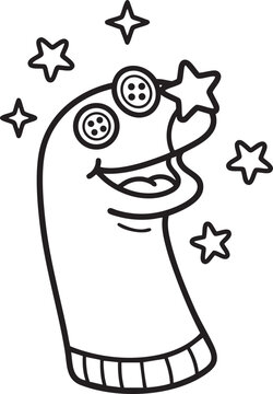 Cute sock puppet character with button eyes surrounded by sparkling stars
