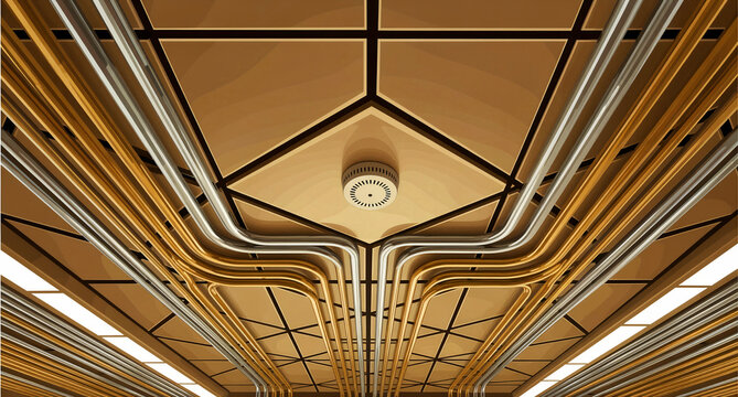 Industrial ceiling featuring intricate network of exposed gold and silver conduit pipes converging beneath a central safety sensor in a stylized structure.