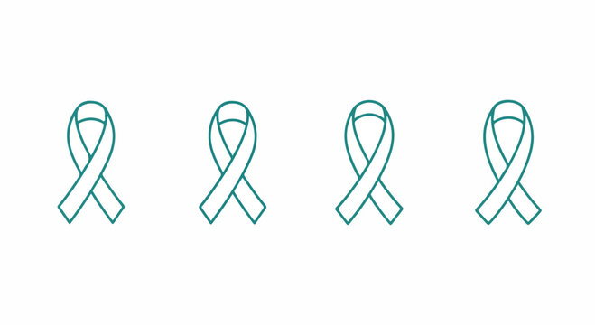 Teal awareness ribbon icons for cervical cancer and ovarian cancer support, set of 4 minimalist vector ribbons for medical health campaigns