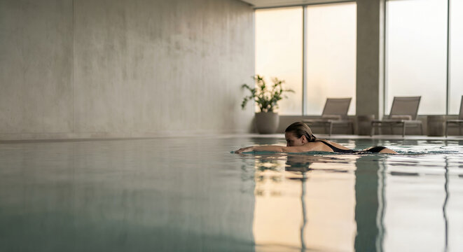 A woman swims laps in an indoor pool, enjoying a moment of exercise and relaxation.