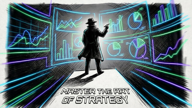 An enigmatic figure, dressed in a trench coat and fedora, stands before an interactive, luminous digital display showcasing diverse analytical data visualizations, including dynamic line graphs,
