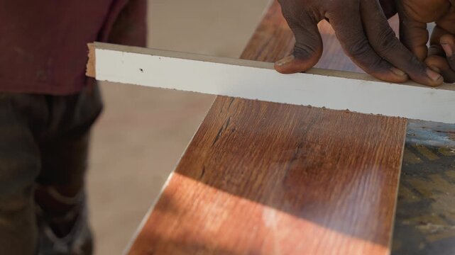 Hands measuring wooden plank on workbench, carpentry professional marking line with ruler and chalk, gloved hands and smooth varnished surface, focused measurement and joinery preparation in workshop