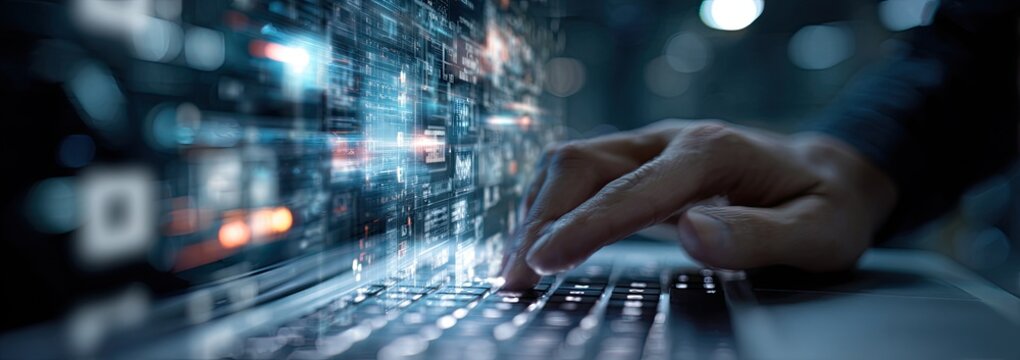 Hand typing on keyboard with digital data streams emanating outwards